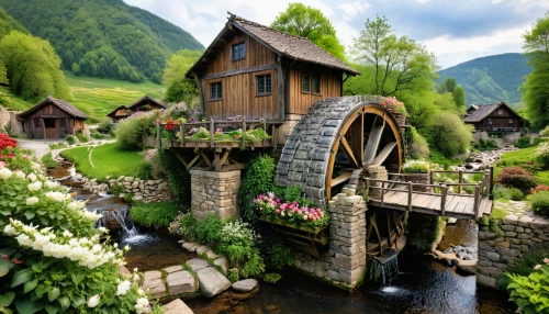 fairy village,miniature house,alpine village,water mill,home landscape,mountain village,wooden houses,mountain settlement,beautiful home,fairy house,house in mountains,hanging houses,house in the mountains,stone houses,escher village,water wheel,log home,bavarian swabia,houses clipart,wooden house,Photography,General,Natural