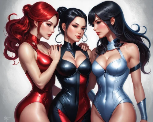 latex clothing,trinity,the three graces,trio,pin-up girls,retro pin up girls,pin up girls,bad girls,sirens,latex,comic characters,marvel comics,three primary colors,redheads,vargas girls,retro women,three friends,dolls,three d,pin ups,Conceptual Art,Fantasy,Fantasy 03