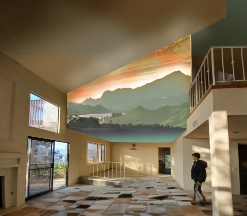 sky apartment,panoramical,sky space concept,3d rendering,hallway space,hallway,lobby,daylighting,hotel hall,virtual landscape,murals,modern room,modern decor,wall painting,penthouse apartment,360 ° panorama,interior design,mural,stucco ceiling,hall