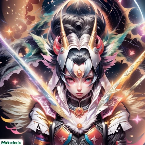 kitsune,tiber riven,summoner,unicorn background,nine-tailed,fantasy warrior,goddess of justice,fantasy art,unicorn art,the enchantress,fantasy woman,anime girl,yi sun sin,xun,swordswoman,sword lily,ixia,sorceress,mystic star,anime