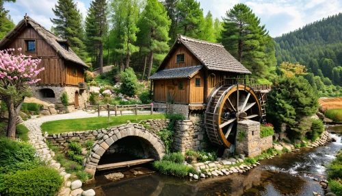 water mill,alpine village,miniature house,water wheel,fairy village,house in mountains,house in the mountains,wooden bridge,bavarian swabia,popeye village,mountain village,beautiful home,fairy tale castle,southeast switzerland,house in the forest,escher village,swiss house,fairytale castle,austria,house with lake,Photography,General,Natural