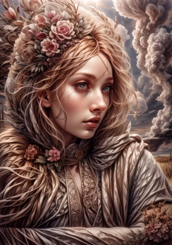 mystical portrait of a girl,fantasy portrait,little girl in wind,faery,fantasy art,jessamine,eglantine,faerie,fantasy picture,sky rose,the enchantress,fairy queen,landscape rose,white rose snow queen,romantic portrait,suit of the snow maiden,dryad,fae,fairy tale character,wilted