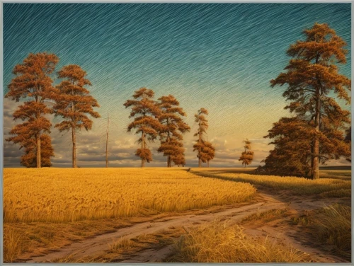rural landscape,trees with stitching,autumn landscape,wheat field,larch trees,straw field,grain field,fall landscape,larch forests,salt meadow landscape,landscape background,landscape,country road,farm landscape,barley field,meadow in pastel,sand road,wheat fields,yellow grass,dutch landscape,Common,Common,Film