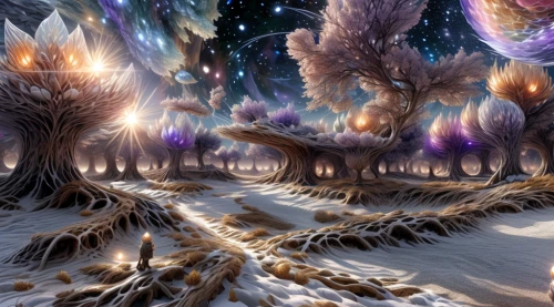 forest of dreams,fairy forest,nine-tailed,mushroom landscape,fantasy landscape,tree grove,fantasy picture,fantasy art,fractal environment,3d fantasy,enchanted forest,fairy world,infinite snow,chestnut forest,elven forest,druid grove,winter forest,fractals art,magic tree,shamanism