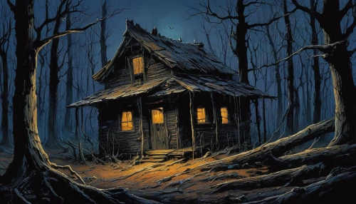 witch house,house in the forest,witch's house,the haunted house,haunted house,log home,lonely house,creepy house,log cabin,cabin,abandoned house,winter house,cottage,the cabin in the mountains,little house,wooden house,old home,haunted forest,tree house,small cabin,Illustration,Realistic Fantasy,Realistic Fantasy 06