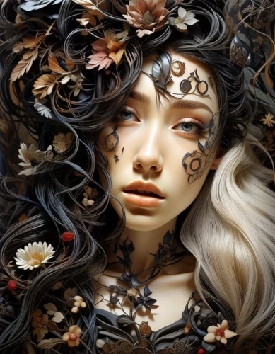 porcelain rose,jasmine blossom,fallen petals,girl in a wreath,girl in flowers,wreath of flowers,elven flower,wilted,the sleeping rose,medusa,fantasy art,cloves schwindl inge,dryad,fantasy portrait,falling flowers,porcelain dolls,dry bloom,flora,widow flower,japanese art