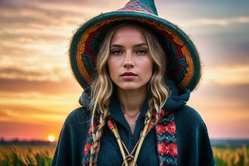 woman of straw,witch's hat icon,the witch,witch's hat,witch hat,the night of kupala,the hat of the woman,sorceress,fantasy portrait,mystical portrait of a girl,jessamine,shamanism,elven,digital compositing,the hat-female,portrait photography,pilgrim,pachamama,portrait background,boho,Photography,General,Natural