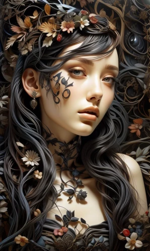 dryad,faery,fantasy art,faerie,mystical portrait of a girl,cloves schwindl inge,fantasy portrait,girl in a wreath,fallen petals,japanese art,chinese art,fractals art,girl in flowers,vanessa (butterfly),fallen leaves,the enchantress,dried petals,secret garden of venus,painted lady,wilted