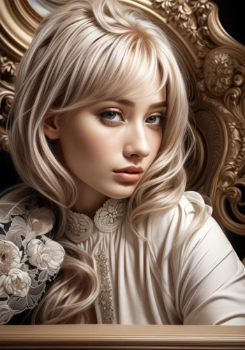 fantasy portrait,fairy tale character,mystical portrait of a girl,white lady,doll looking in mirror,gothic portrait,painter doll,blond girl,portrait background,magic mirror,eglantine,children's fairy tale,alice,fantasy art,doll's facial features,white rose snow queen,blonde girl,makeup mirror,cosmetic brush,fairy tale icons