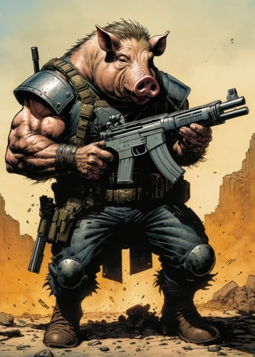 warthog,bay of pigs,hog,gundogmus,pig,boar,pig dog,wild boar,hogs,porker,suckling pig,pigs,inner pig dog,pig roast,rocket raccoon,gunfighter,hog xiu,mercenary,pot-bellied pig,domestic pig,Illustration,American Style,American Style 02