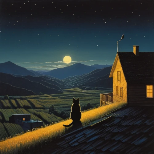 night scene,evening atmosphere,moonlit night,night watch,studio ghibli,moonrise,the cat,home landscape,in the evening,moonshine,carol colman,moon night,motif,sooty chat,summer evening,steve medlin,astronomer,moonlight,rural landscape,lonely house,Art,Artistic Painting,Artistic Painting 48