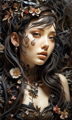 dryad,girl in a wreath,faery,girl in flowers,japanese art,chinese art,faerie,fantasy art,wilted,fallen petals,mystical portrait of a girl,fantasy portrait,the enchantress,flora,tendrils,wreath of flowers,falling flowers,elven flower,ivy,kahila garland-lily