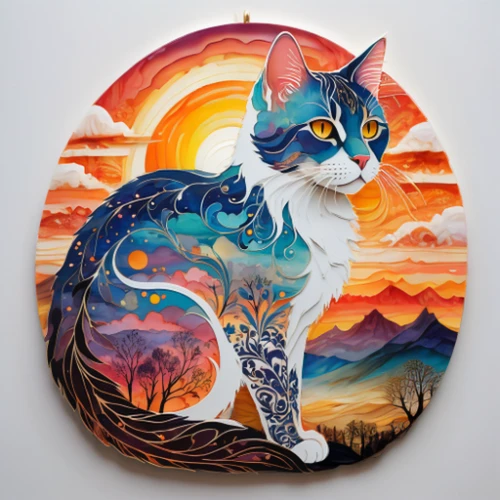 calico cat,decorative plate,cat vector,glass painting,chinese pastoral cat,capricorn kitz,blue eyes cat,cat with blue eyes,cat portrait,cartoon cat,cat image,cat on a blue background,cat sparrow,whimsical animals,japanese bobtail,enamelled,magpie cat,calico,cat frame,cat warrior
