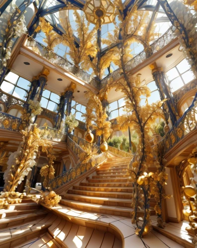 golden pavilion,golden trumpet trees,the golden pavilion,tree house,tree house hotel,fractal environment,versailles,fractals art,outside staircase,gold foil tree of life,universal exhibition of paris,mirror house,spiral staircase,gold castle,tree of life,panoramical,chrysanthemum exhibition,gaudí,enchanted forest,winding staircase