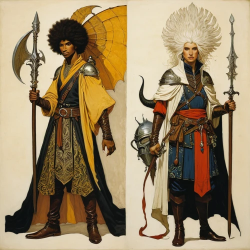 biblical narrative characters,clergy,cossacks,heroic fantasy,swordsmen,lancers,germanic tribes,folk costumes,protectors,guards of the canyon,quarterstaff,the three magi,assassins,storm troops,costume design,nomads,personages,three kings,fairytale characters,chinese icons,Illustration,Retro,Retro 21