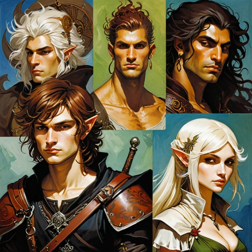 heroic fantasy,massively multiplayer online role-playing game,witcher,fairy tale icons,game characters,fairytale characters,elves,dwarves,dragon slayers,avatars,musketeers,fantasy art,game illustration,people characters,smouldering torches,pathfinders,swordsmen,firethorn,lancers,the dawn family,Illustration,Retro,Retro 21