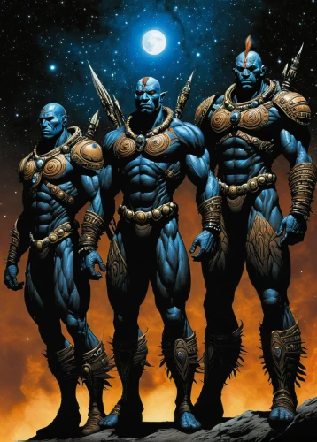 fantastic four,trinity,marvel comics,storm troops,heroic fantasy,three kings,thanos infinity war,guardians of the galaxy,warriors,gargoyles,wall,blue demon,cleanup,thanos,scales of justice,x men,justice scale,nightshade family,x-men,gauntlet,Illustration,American Style,American Style 02