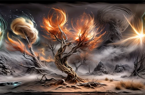 burning bush,scorched earth,fantasy art,firethorn,fantasy landscape,burning tree trunk,burning earth,fire planet,fantasy picture,five elements,forest fire,fire background,the conflagration,halloween bare trees,forest fires,fire artist,world digital painting,arabic background,tree of life,pillar of fire