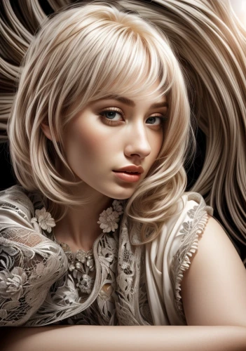 artificial hair integrations,blond girl,fantasy portrait,blonde woman,hairdressing,hair coloring,fantasy art,blonde girl,mystical portrait of a girl,image manipulation,silvery,hairstyler,world digital painting,white lady,beauty salon,hairdresser,blond hair,short blond hair,hairstylist,fashion illustration