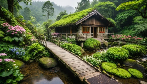 house in the forest,wooden bridge,japan landscape,japan garden,home landscape,southeast asia,fairy village,indonesia,beautiful japan,asian architecture,wooden house,house in mountains,wooden hut,summer cottage,wooden path,fairytale forest,wooden houses,nature landscape,rice terrace,borneo,Photography,General,Natural