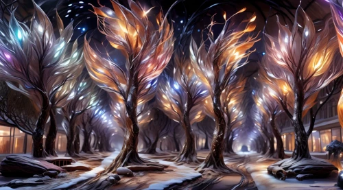 winter forest,tree lights,snow trees,tree grove,enchanted forest,magic tree,trees with stitching,winter magic,fairytale forest,fractal lights,fairy forest,cartoon forest,forest of dreams,elven forest,chestnut forest,christmas landscape,row of trees,beech trees,winter background,grove of trees