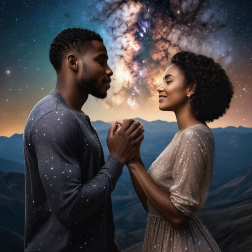 black couple,connectedness,divine healing energy,astronomers,photo manipulation,man and woman,photomanipulation,romantic portrait,celestial bodies,the hands embrace,the law of attraction,courtship,two people,sci fiction illustration,image manipulation,the universe,couple - relationship,contemporary witnesses,young couple,vintage man and woman,Photography,General,Natural