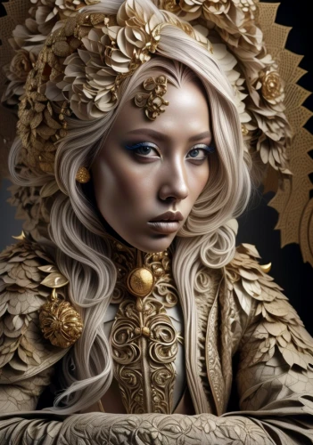 gold filigree,fantasy portrait,baroque angel,golden wreath,golden crown,filigree,gold foil crown,the carnival of venice,baroque,fantasy art,mystical portrait of a girl,gothic portrait,gold crown,gold foil art,priestess,golden mask,headdress,victorian lady,medusa,fairy tale character