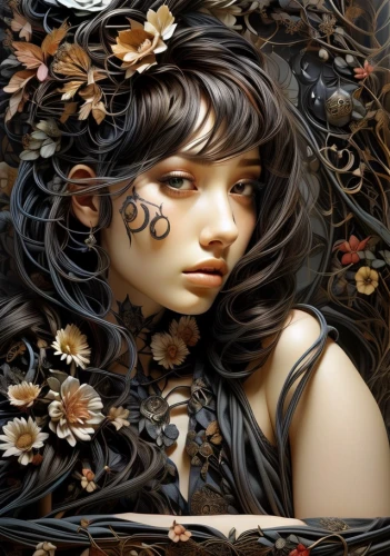 faery,faerie,dryad,fantasy portrait,fantasy art,girl in a wreath,faun,mystical portrait of a girl,fae,girl in flowers,the enchantress,fractals art,cupido (butterfly),rosa ' amber cover,elven flower,fairy tale character,background ivy,wilted,little girl fairy,world digital painting