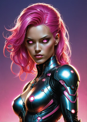 sci fiction illustration,starfire,xmen,x-men,cyborg,magenta,neon body painting,x men,nova,head woman,andromeda,cg artwork,darth talon,pink vector,pink-purple,purple and pink,pink quill,fantasy woman,humanoid,cyberpunk,Illustration,American Style,American Style 02