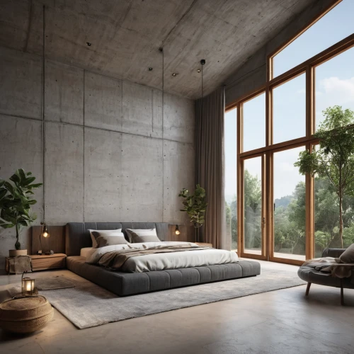 modern room,loft,concrete ceiling,modern decor,bedroom,exposed concrete,great room,interior modern design,interior design,sleeping room,contemporary decor,living room,interiors,modern living room,livingroom,bedroom window,soft furniture,modern style,home interior,one room