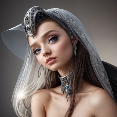 fantasy portrait,elven,fantasy woman,leather hat,fantasy art,sorceress,pointed hat,bridal veil,veil,headdress,priestess,realdoll,beautiful bonnet,the angel with the veronica veil,headpiece,the hat of the woman,the hat-female,violet head elf,dark elf,silver wedding,Common,Common,Commercial