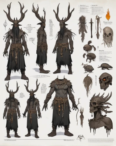 concept art,druids,collected game assets,massively multiplayer online role-playing game,manchurian stag,aurochs,the stag beetle,horned cows,concepts,development concept,nomads,horned,skyrim,dark elf,norse,forest man,druid,triggers for forest fire,warlord,heroic fantasy,Unique,Design,Character Design