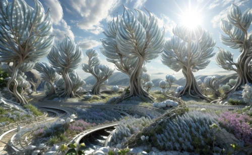 hoarfrost,snow trees,ice landscape,silver grass,desert plants,ice planet,elven forest,tree grove,terraforming,ice crystals,fir forest,virtual landscape,winter forest,frost,salt meadow landscape,spruce forest,ice flowers,futuristic landscape,mandelbulb,spruce-fir forest