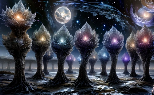 nine-tailed,moonlight cactus,magic tree,five elements,fantasy art,fantasy picture,tree of life,astral traveler,druids,mirror of souls,fractalius,fractals art,celestial bodies,scrolls,torches,celtic tree,infinite snow,gaia,universe,tree grove