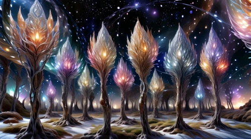 forest of dreams,tree grove,fantasy landscape,fairy forest,fireworks art,magic tree,star winds,elven forest,fairy galaxy,fantasy art,fantasy picture,chestnut forest,spruce forest,cattails,fairy world,fir forest,mushroom landscape,alien world,cartoon forest,fireworks background