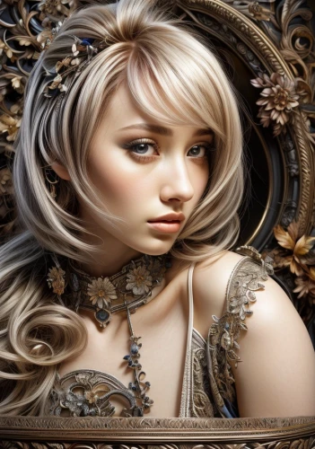 faery,doll looking in mirror,magic mirror,makeup mirror,fairy tale character,fantasy portrait,artificial hair integrations,faerie,mystical portrait of a girl,fantasy art,mirror of souls,blond girl,the mirror,looking glass,fractals art,blonde woman,blonde girl,horoscope libra,gothic portrait,filigree