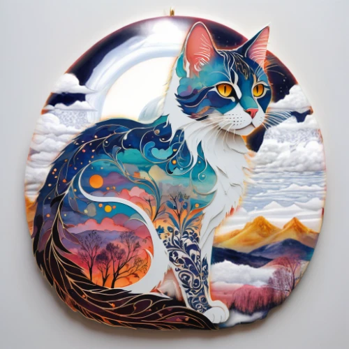 decorative plate,glass painting,enamelled,calico cat,a badge,car badge,cat frame,cat vector,decorative fan,y badge,firefox,k badge,r badge,p badge,felidae,whimsical animals,capricorn kitz,aegean cat,sea shell,cat portrait