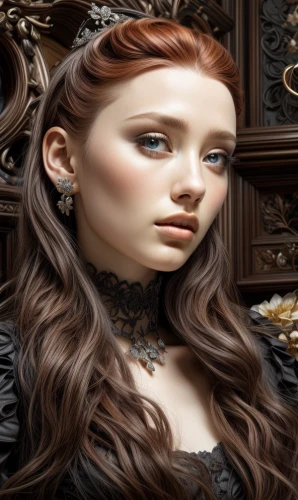 gothic portrait,artificial hair integrations,dollhouse accessory,victorian lady,fantasy portrait,female doll,redhead doll,doll's facial features,portrait background,gothic woman,cosmetic brush,victorian style,gothic fashion,lace wig,gothic style,fairy tale character,mystical portrait of a girl,fantasy art,french silk,celtic queen