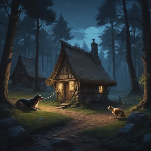 house in the forest,witch's house,little house,small cabin,cottage,wooden hut,dog house,wood doghouse,doghouse,night scene,game illustration,log cabin,druid grove,lonely house,witch house,campsite,dog illustration,small house,summer cottage,log home,Conceptual Art,Fantasy,Fantasy 01