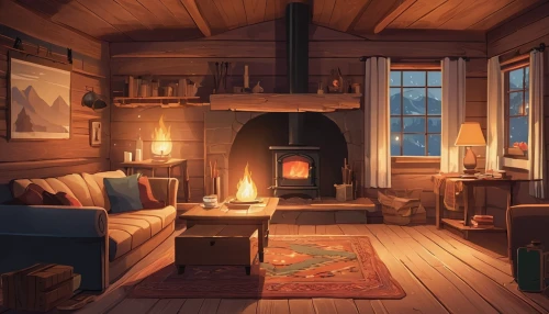 warm and cozy,small cabin,the cabin in the mountains,cabin,winter house,warmth,summer cottage,log cabin,cozy,log home,cottage,hygge,log fire,wood stove,fire place,fireplace,lodge,cold room,country cottage,wood-burning stove,Illustration,Japanese style,Japanese Style 06