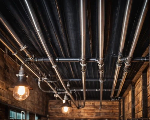 wooden beams,pipe work,ceiling construction,pipe insulation,steel beams,stainless rods,commercial exhaust,ceiling ventilation,concrete ceiling,ceiling fixture,exhaust hood,ducting,drainage pipes,steel pipes,water pipes,pipes,steel construction,steel scaffolding,track lighting,square steel tube,Photography,General,Cinematic