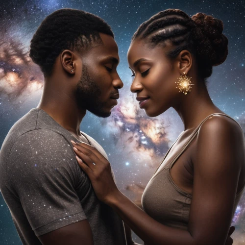 black couple,man and woman,celestial bodies,connectedness,throughout the game of love,romantic portrait,bough,the moon and the stars,photo manipulation,two people,divine healing energy,man and wife,sun and moon,digital compositing,amorous,star ship,passengers,sci fiction illustration,the luv path,astronomers,Photography,General,Natural