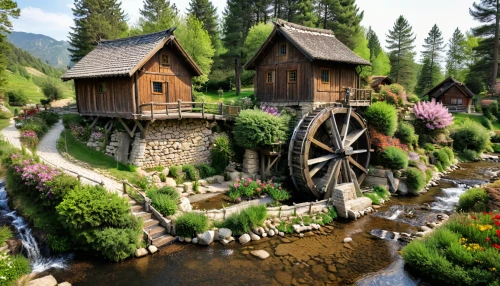 water mill,alpine village,mountain village,mountain settlement,escher village,miniature house,wooden houses,bavarian swabia,carpathians,fairy village,water wheel,dutch mill,home landscape,house in mountains,log home,house in the mountains,old mill,popeye village,wooden house,hanging houses,Photography,General,Natural