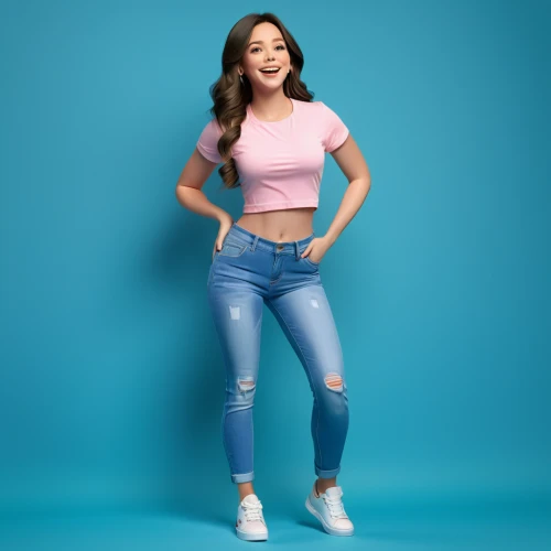 jeans background,denim background,pink background,jeans,high jeans,cotton top,high waist jeans,denim jeans,lisaswardrobe,denim,tshirt,women's clothing,tee,blue background,portrait background,joy,teen,girl in overalls,yellow background,plus-size model,Unique,3D,3D Character