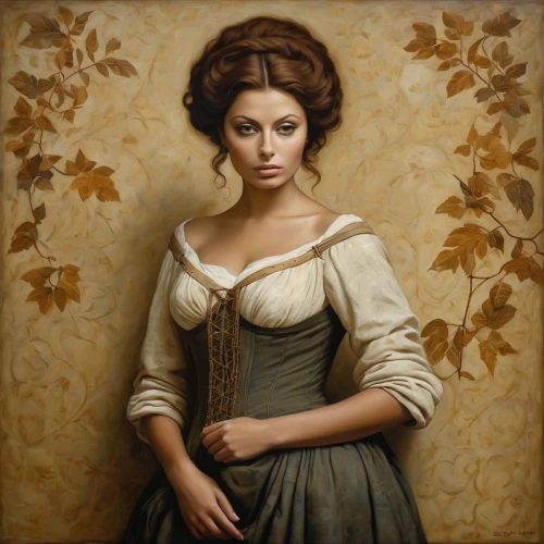 victorian lady,portrait of a girl,young woman,girl in cloth,girl with cloth,romantic portrait,brown fabric,girl with bread-and-butter,portrait of a woman,woman portrait,girl in a wreath,vintage woman,young girl,cloves schwindl inge,italian painter,girl portrait,gothic portrait,oil painting,seamstress,vintage female portrait,Illustration,Realistic Fantasy,Realistic Fantasy 09