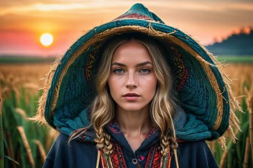 woman of straw,the night of kupala,photoshop manipulation,portrait background,portrait photography,digital compositing,farmer,fantasy portrait,strands of wheat,farm girl,jessamine,wheat field,strand of wheat,wheat ear,the hat of the woman,green wheat,mystical portrait of a girl,photo manipulation,boho background,sweetgrass,Photography,General,Natural