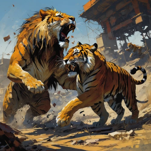 tigers,big cats,bengal tiger,a tiger,tiger,predators,two lion,leopard's bane,battle,game illustration,predation,tigerle,animals hunting,asian tiger,lions,bengal,royal tiger,blue tiger,chestnut tiger,assault,Conceptual Art,Sci-Fi,Sci-Fi 01