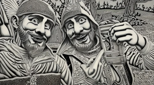 gnomes,woodcut,gnomes at table,elves,escher,wooden figures,scandia gnomes,tzimmes,pilgrims,sand art,cool woodblock images,farmers,newspaper rock art,musicians,miners,dwarves,forest workers,wood carving,chess men,sailors,Art sketch,Art sketch,Decorative