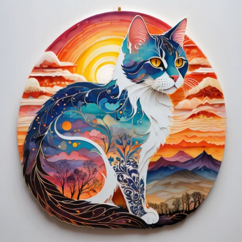 decorative plate,calico cat,cat on a blue background,blue eyes cat,cat vector,glass painting,chinese pastoral cat,cat with blue eyes,capricorn kitz,enamelled,cartoon cat,cat image,cat portrait,a badge,kawaii patches,cat sparrow,japanese bobtail,whimsical animals,cat warrior,patches
