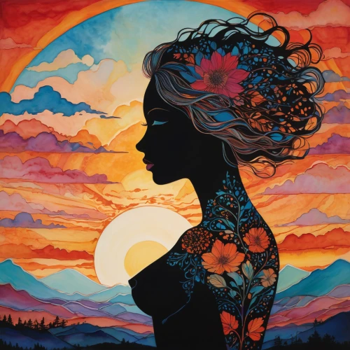 woman silhouette,flower in sunset,blue moon rose,mother earth,spring equinox,passion bloom,women silhouettes,summer solstice,boho art,girl in flowers,mystical portrait of a girl,moonflower,sun moon,sky rose,sunset glow,woman thinking,oil painting on canvas,sun and moon,solstice,setting sun,Illustration,Abstract Fantasy,Abstract Fantasy 04